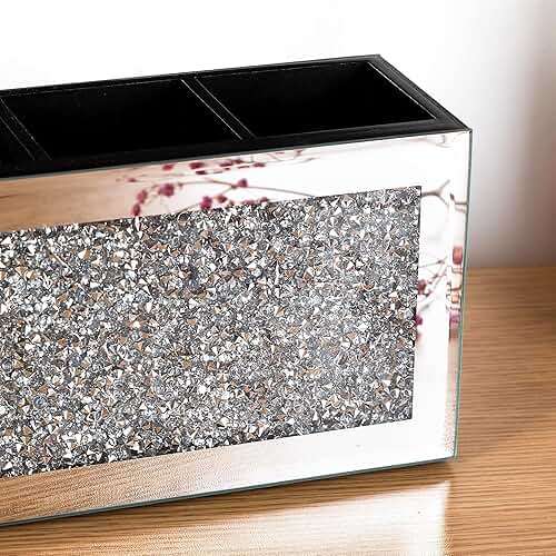 SHYFOY Mirrored Makeup Brush Holder Organizer, 3 Slot Glass Cosmetics Brushes Storage Holders with Crystal Crushed Diamond, Cute Pen and Pencil Holder for Desk, Eyeliners Display Case for Vanity - Image 8