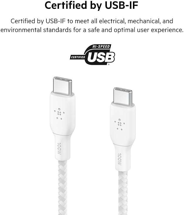 Belkin USB C to USB C Cable, 6.6ft, 100W - Type C Charger, iPhone Charger Cord, Soft, Braided, Flexible for iPhone 17, Galaxy S25, Pixel 10, Airpods, iPad Pro, Tablet & More, Travel Essentials - White - Image 6