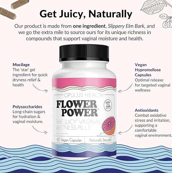 Flower Power Vaginal Moisture Support Capsules for Women — Vaginal Dryness Supplement with Powdered Slippery Elm Bark | Supports Vaginal Wellness During Menopause & Stress | 60 Count, Made in USA - Image 2