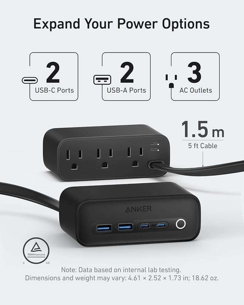 Anker 525 Charging Station, 7-in-1 USB C Power Strip for iphone13/14, 5ft Extension Cord with 3AC,2USB A,2USB C,Max 65W Power Delivery Desktop Accessory for MacBook Pro, Home, Office (Phantom Black) - Image 2