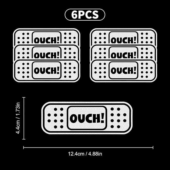 Nouiroy 6 Pack Funny Reflective Sticker for Cars, 4.8 * 1.7in OUCH Sticker for Dent Scratch Cover, Band Aid Decals Adhesive Vinyl Decal, White - Image 2