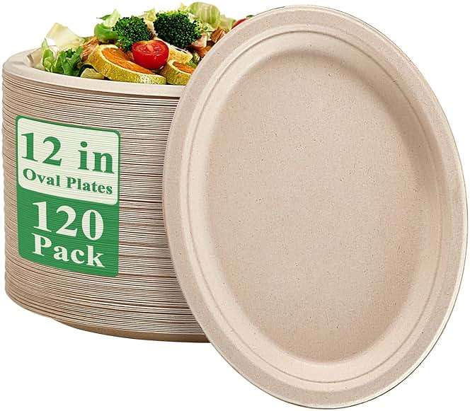 Vplus 100% Compostable Oval Paper Plates 12 inch 120 Pack Super Strong Disposable Dinner Plates Natural Biodegradable Eco-Friendly Sugarcane Plates for BBQ, Party, Gathering, and Picnic - Image 1