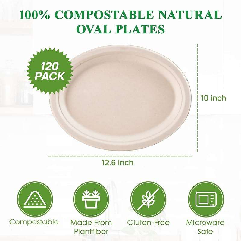 Vplus 100% Compostable Oval Paper Plates 12 inch 120 Pack Super Strong Disposable Dinner Plates Natural Biodegradable Eco-Friendly Sugarcane Plates for BBQ, Party, Gathering, and Picnic - Image 3