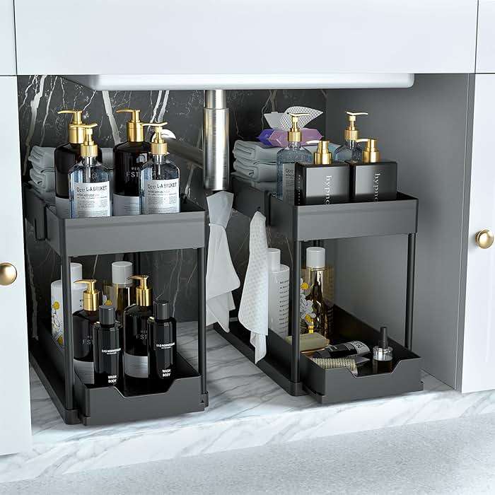 DEKAVA Under Sink Organizer 2 Pack, Bathroom Cabinet Organizer, 2 Tier Sliding Cabinet Basket Organizer Drawer, Multi-Purpose Bath Collection Baskets for Bathroom (Black) - Image 1