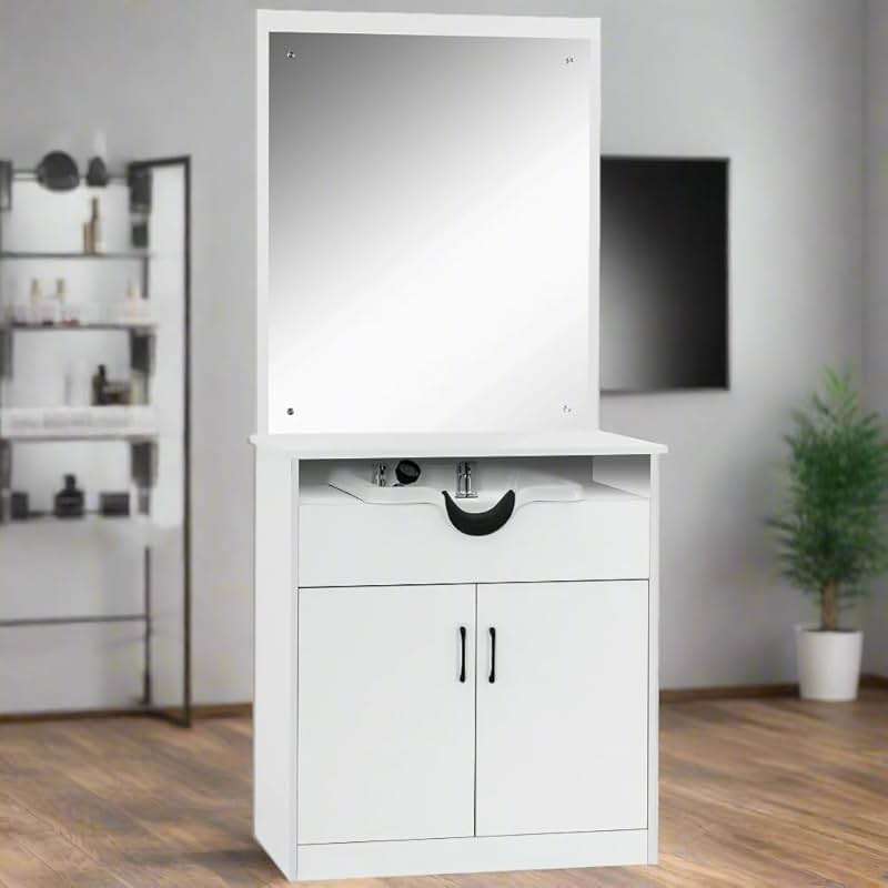 BarberPub Backwash Shampoo Bowl Sink Chair Station with Mirror Salon Styling Cabinet Spa Equipment 3130 (White) - Image 2