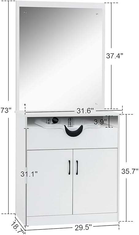 BarberPub Backwash Shampoo Bowl Sink Chair Station with Mirror Salon Styling Cabinet Spa Equipment 3130 (White) - Image 3