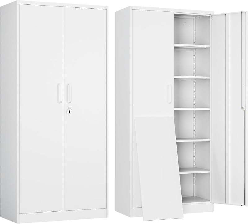 Yizosh Metal Garage Storage Cabinet with 2 Doors and 5 Adjustable Shelves - 71" Steel Lockable File Cabinet,Locking Tool Cabinets for Office,Home,Garage,Gym,School (White) - Image 1