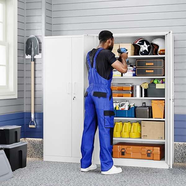 Yizosh Metal Garage Storage Cabinet with 2 Doors and 5 Adjustable Shelves - 71" Steel Lockable File Cabinet,Locking Tool Cabinets for Office,Home,Garage,Gym,School (White) - Image 2
