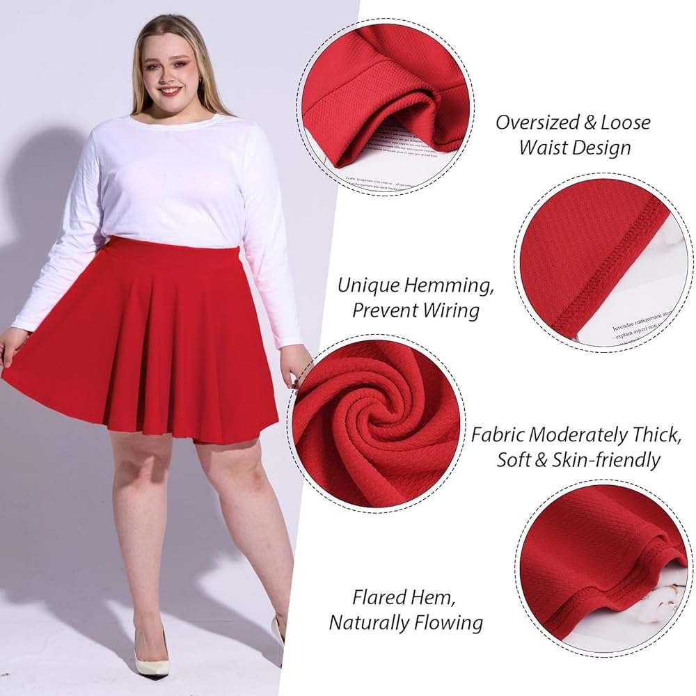 Moon Wood Women's Plus Size Skater Skirt High Waisted Stretchy Flowy Flared Summer Casual Basic Mini Skirts for Daily - Image 2