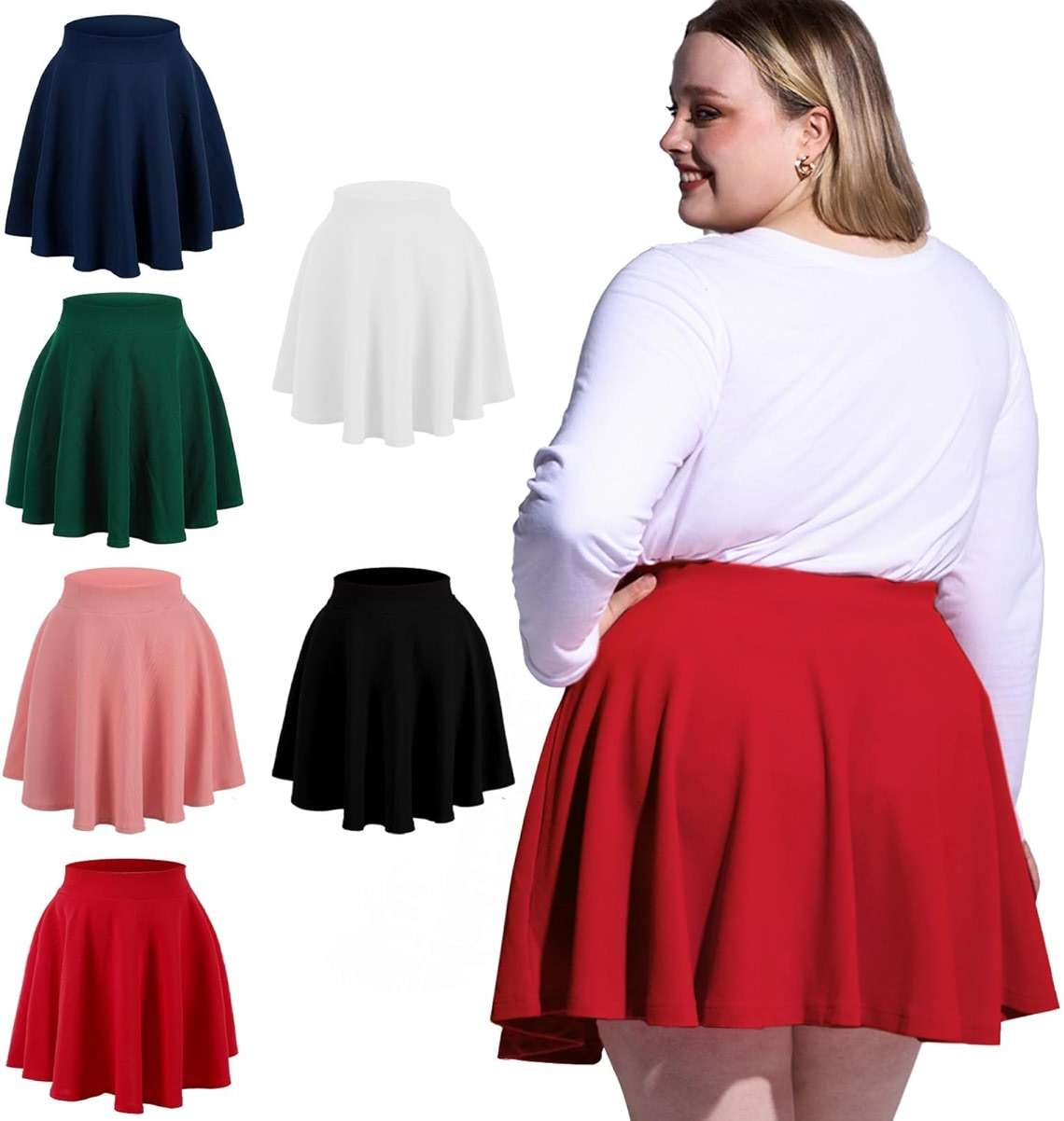 Moon Wood Women's Plus Size Skater Skirt High Waisted Stretchy Flowy Flared Summer Casual Basic Mini Skirts for Daily - Image 4