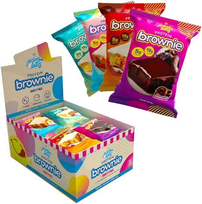 Prime Bites High Protein Brownie (12 Per Box, Variety Pack) - 19g of Protein, 5g of Collagen, Gluten Free, Low Sugar Treat, Delicious Protein Snack - Image 1