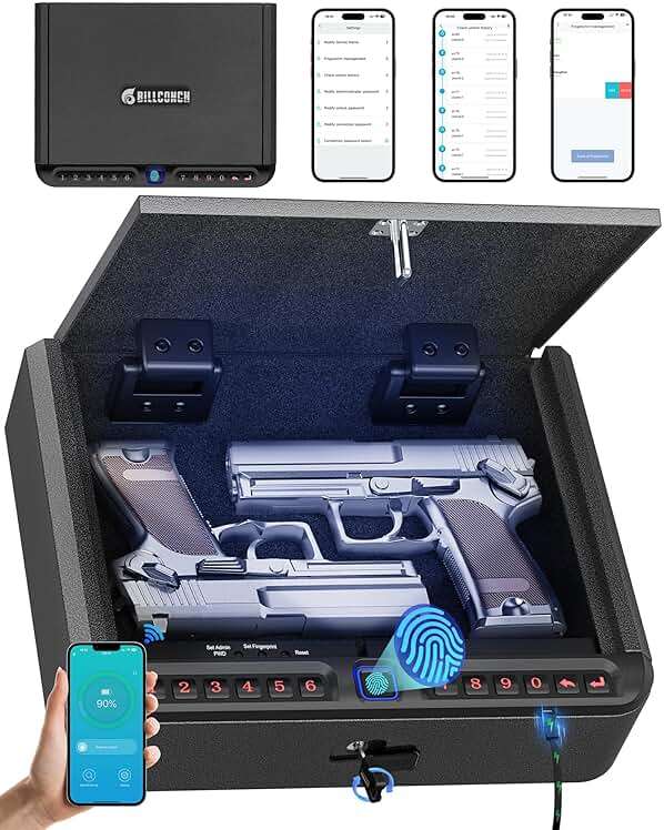 BILLCONCH Gun Safe for Handgun - Biometric Gun Safe 4 Ways Quick Access with Fingerprint/Full-digital Keypad/Key/APP Lock Handgun Pistol Safe for Nightstand Bedside Home - Image 1