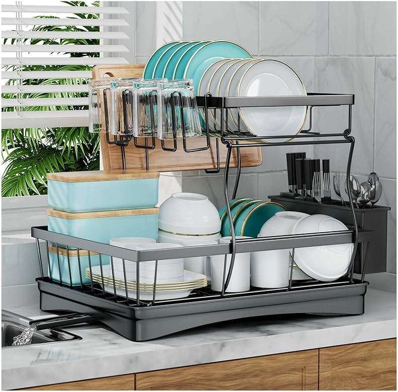 7 code Large Dish Drying Rack for Kitchen Counter, Detachable Large Capacity Dish Drainer Organizer, 2-Tier Dish Racks with Utensil Holder, Black - Image 1
