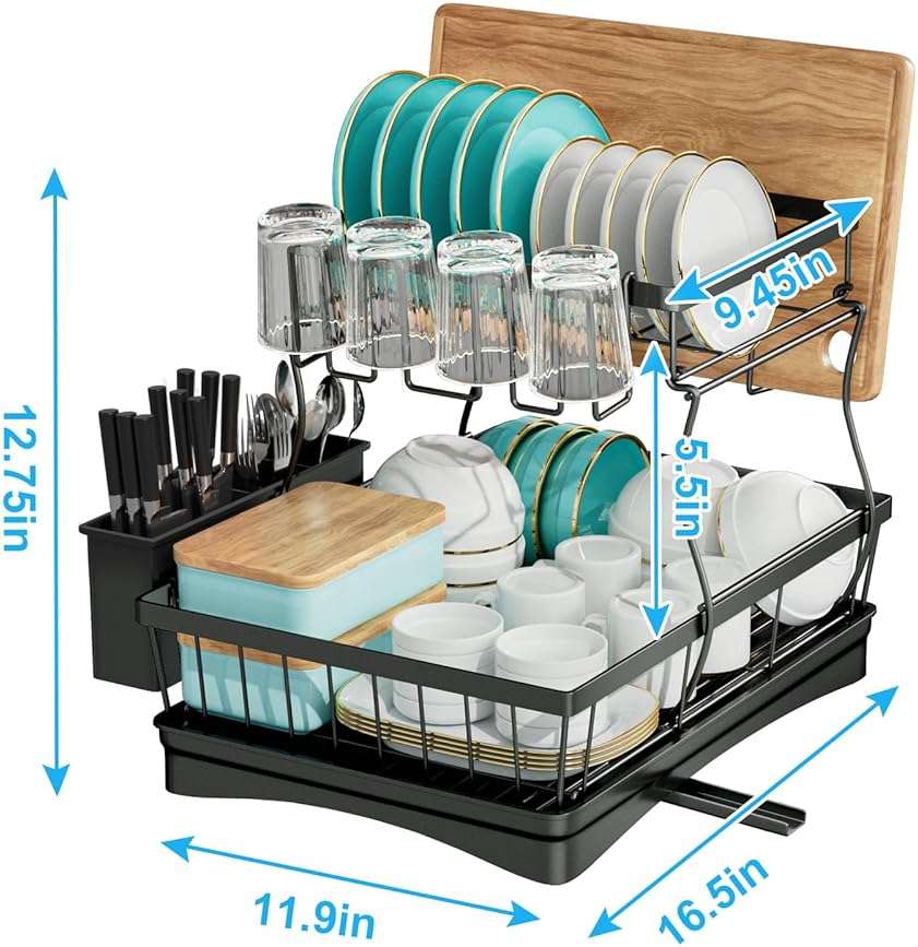 7 code Large Dish Drying Rack for Kitchen Counter, Detachable Large Capacity Dish Drainer Organizer, 2-Tier Dish Racks with Utensil Holder, Black - Image 2