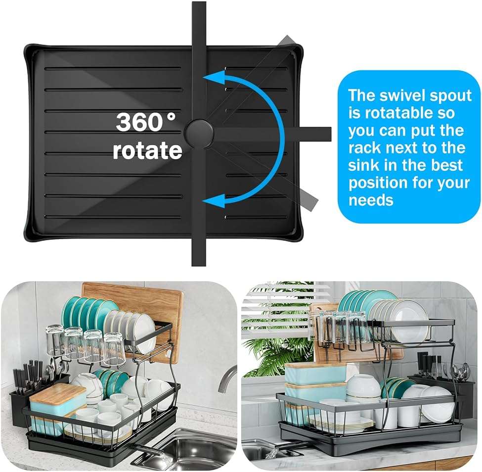 7 code Large Dish Drying Rack for Kitchen Counter, Detachable Large Capacity Dish Drainer Organizer, 2-Tier Dish Racks with Utensil Holder, Black - Image 3
