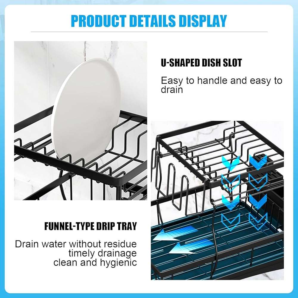 7 code Large Dish Drying Rack for Kitchen Counter, Detachable Large Capacity Dish Drainer Organizer, 2-Tier Dish Racks with Utensil Holder, Black - Image 4