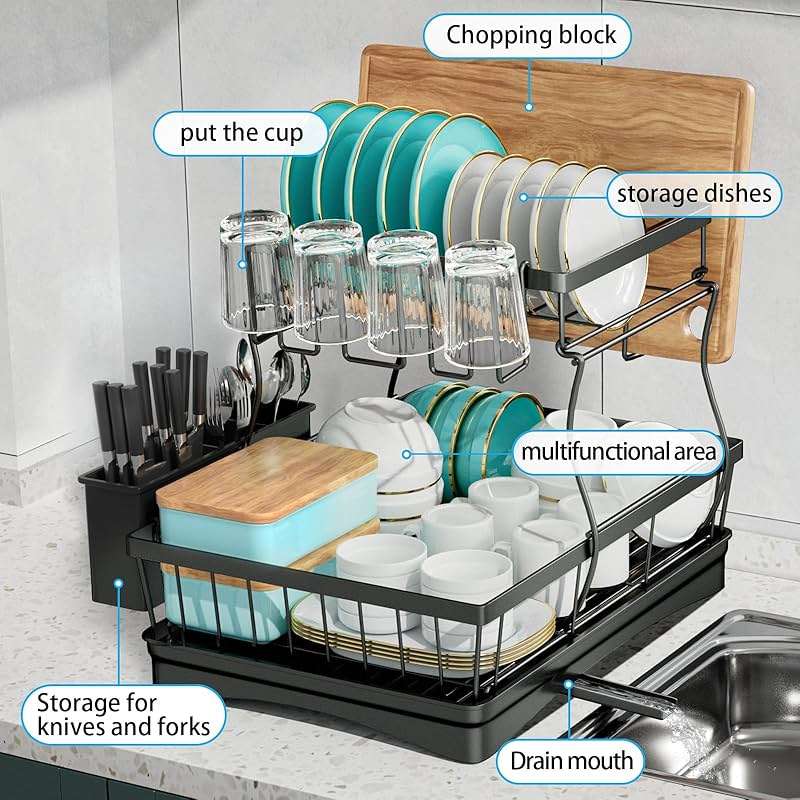 7 code Large Dish Drying Rack for Kitchen Counter, Detachable Large Capacity Dish Drainer Organizer, 2-Tier Dish Racks with Utensil Holder, Black - Image 5