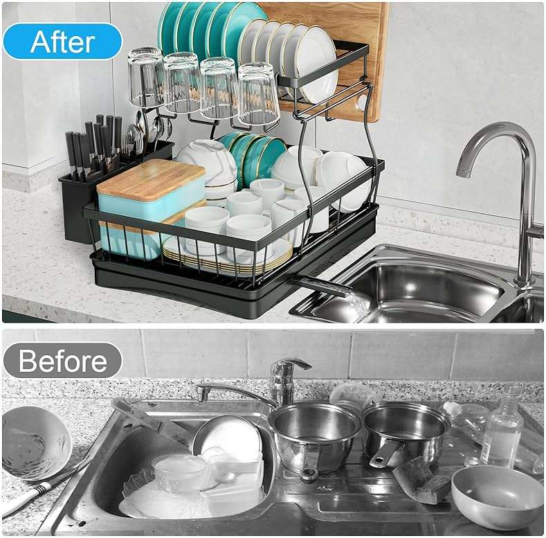 7 code Large Dish Drying Rack for Kitchen Counter, Detachable Large Capacity Dish Drainer Organizer, 2-Tier Dish Racks with Utensil Holder, Black - Image 6