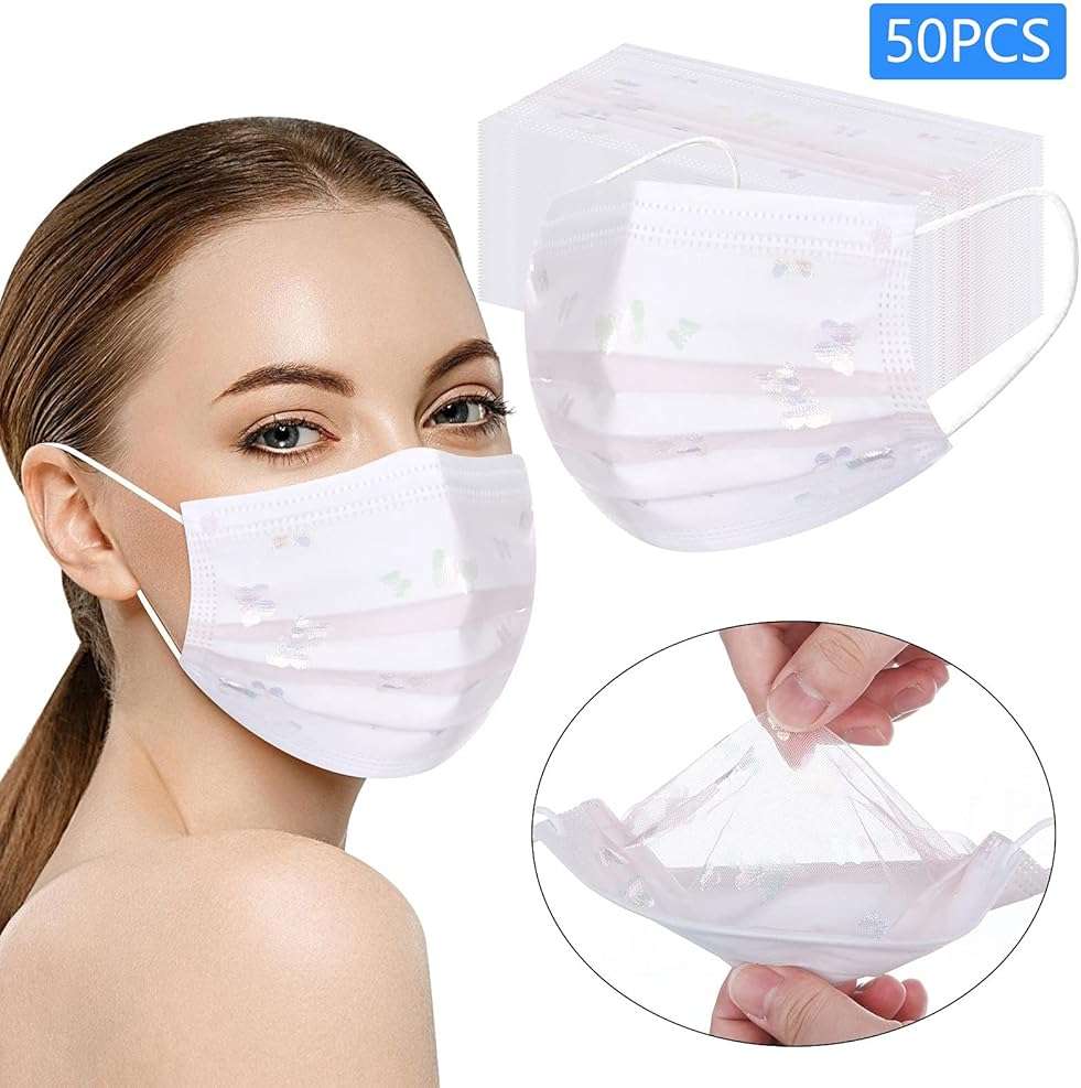 50 Pcs 4 ply Disposable Face_Masks for Adult Non-Woven Fabric White Lace Floral - Sequin Net Yarn Flowers Pattern Suitable for Holiday Home and Outdoor - Image 2