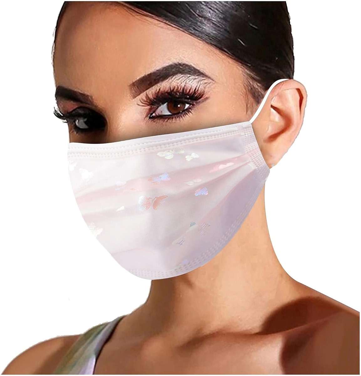 50 Pcs 4 ply Disposable Face_Masks for Adult Non-Woven Fabric White Lace Floral - Sequin Net Yarn Flowers Pattern Suitable for Holiday Home and Outdoor - Image 8