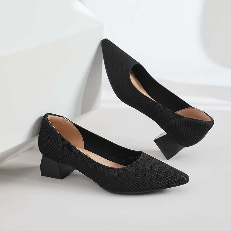 youngshow Women's Pumps Kitten Heels Pointed Toe Knit Slip On Comfortable Casual Formal Dress Shoes - Image 5