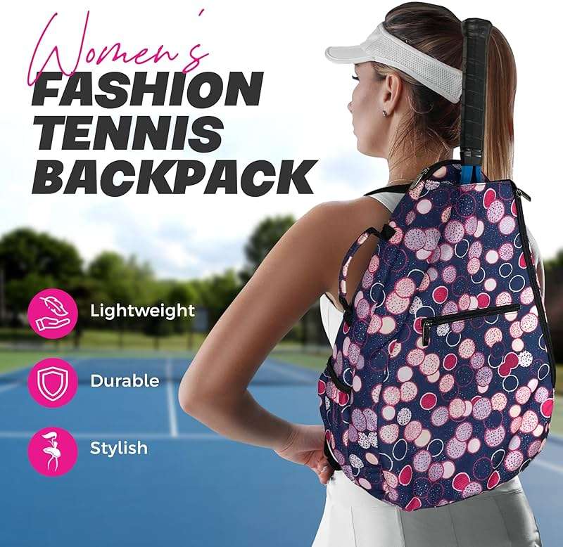 Womens Tennis Backpack - Taboo Fashions Ladies Tennis Bag Holds Two Racquets, Padded Straps and Side Carry Handle - Image 2