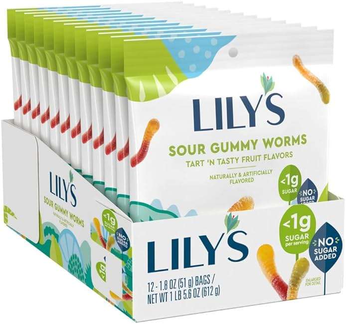 LILY'S Assorted Fruit Flavored No Sugar Added, Sour Gummy Worms Bags, 1.8 oz (12 Count) - Image 3