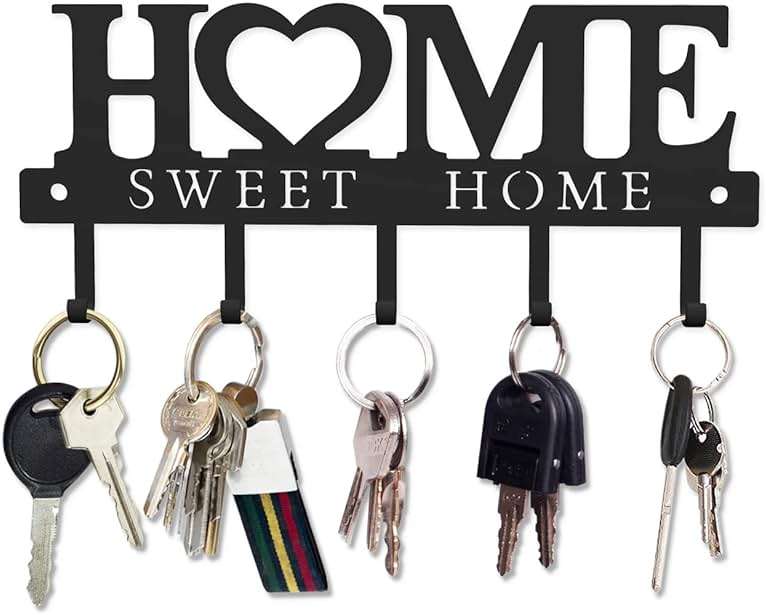WIPHANY Entryway Wall Key Holder with 5 Hooks, Metal Key Rack Wall Mount for Keys, Bags and Leashes, Decorative Organizer for Entryway, Mudroom or Hallway, Sweet Home Design, 9.8 inches, Black - Image 1