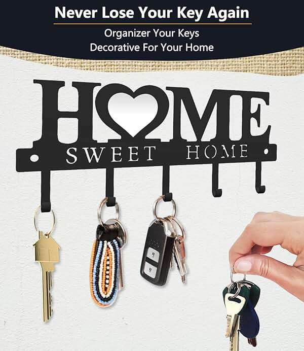WIPHANY Entryway Wall Key Holder with 5 Hooks, Metal Key Rack Wall Mount for Keys, Bags and Leashes, Decorative Organizer for Entryway, Mudroom or Hallway, Sweet Home Design, 9.8 inches, Black - Image 3