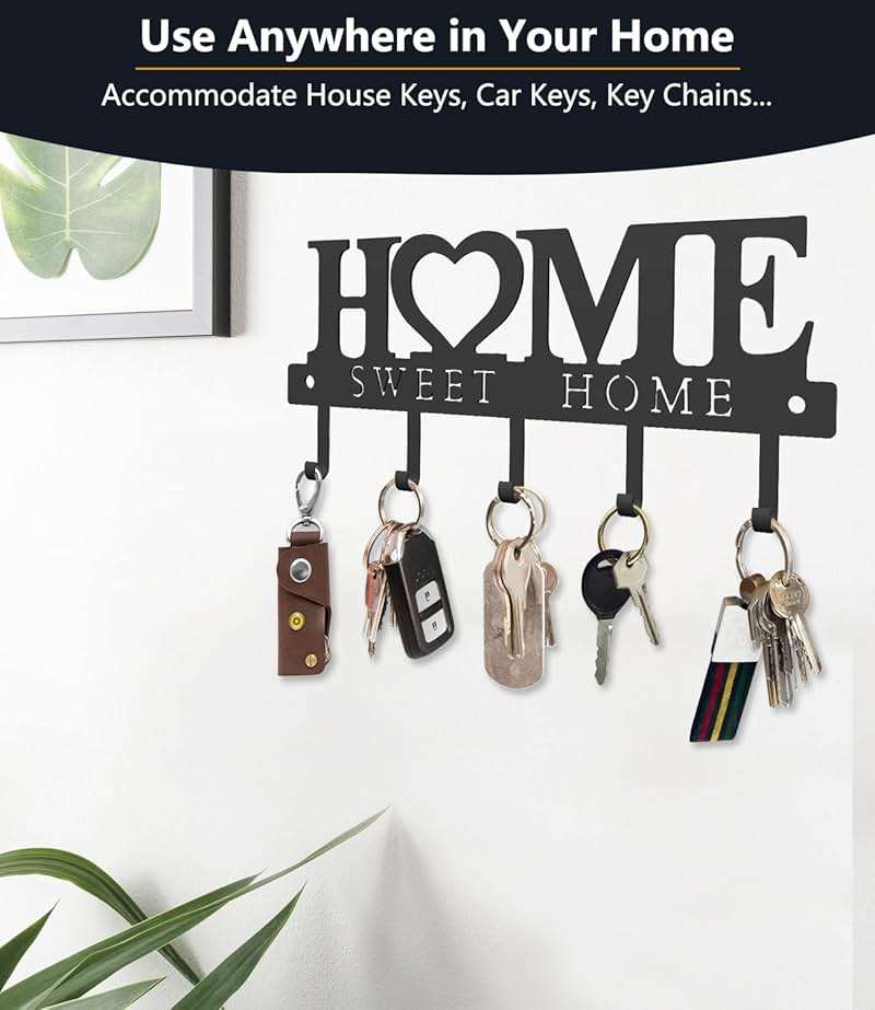 WIPHANY Entryway Wall Key Holder with 5 Hooks, Metal Key Rack Wall Mount for Keys, Bags and Leashes, Decorative Organizer for Entryway, Mudroom or Hallway, Sweet Home Design, 9.8 inches, Black - Image 4