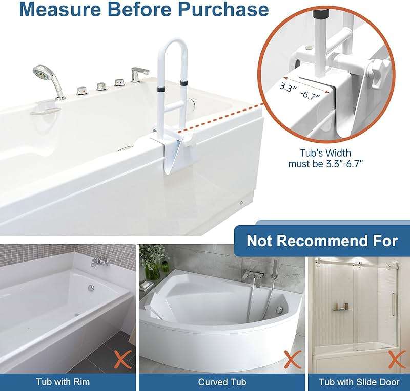 HEPO Adjustable Bathtub Safety Rail for Elderly, Tub Grab Bar for Bathroom, Assistance Bathtub Handle Clamp for Seniors Bath Handles Support and Fall Prevention, White - Image 3
