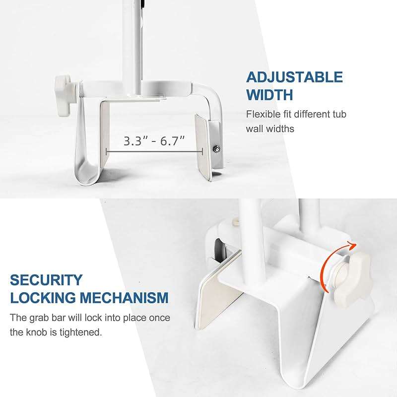 HEPO Adjustable Bathtub Safety Rail for Elderly, Tub Grab Bar for Bathroom, Assistance Bathtub Handle Clamp for Seniors Bath Handles Support and Fall Prevention, White - Image 4