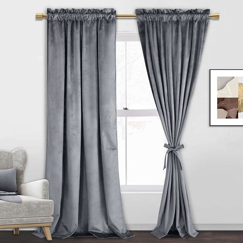 JIUZHEN Grey Velvet Curtains 96 inches for Living Room - Thermal Insulated Rod Pocket Room Darkening Window Curtains Super Soft Home Deco Blackout Velvet Drapes, 2 Panels with Tiebacks, 52W x 96L - Image 1