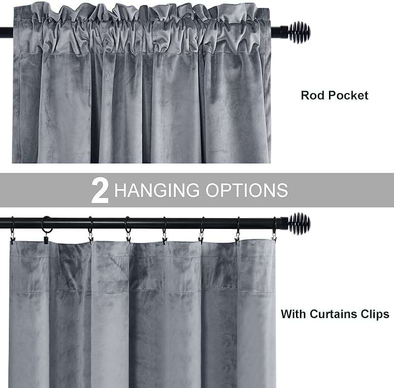 JIUZHEN Grey Velvet Curtains 96 inches for Living Room - Thermal Insulated Rod Pocket Room Darkening Window Curtains Super Soft Home Deco Blackout Velvet Drapes, 2 Panels with Tiebacks, 52W x 96L - Image 3