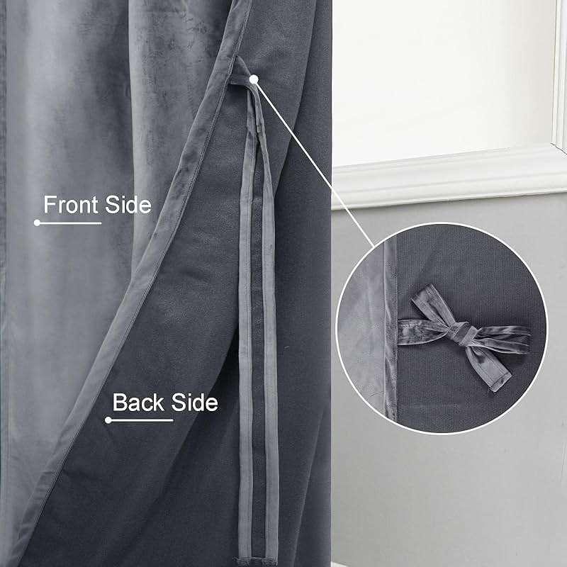 JIUZHEN Grey Velvet Curtains 96 inches for Living Room - Thermal Insulated Rod Pocket Room Darkening Window Curtains Super Soft Home Deco Blackout Velvet Drapes, 2 Panels with Tiebacks, 52W x 96L - Image 4