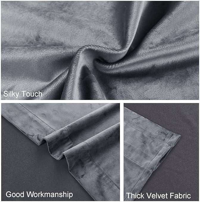 JIUZHEN Grey Velvet Curtains 96 inches for Living Room - Thermal Insulated Rod Pocket Room Darkening Window Curtains Super Soft Home Deco Blackout Velvet Drapes, 2 Panels with Tiebacks, 52W x 96L - Image 5