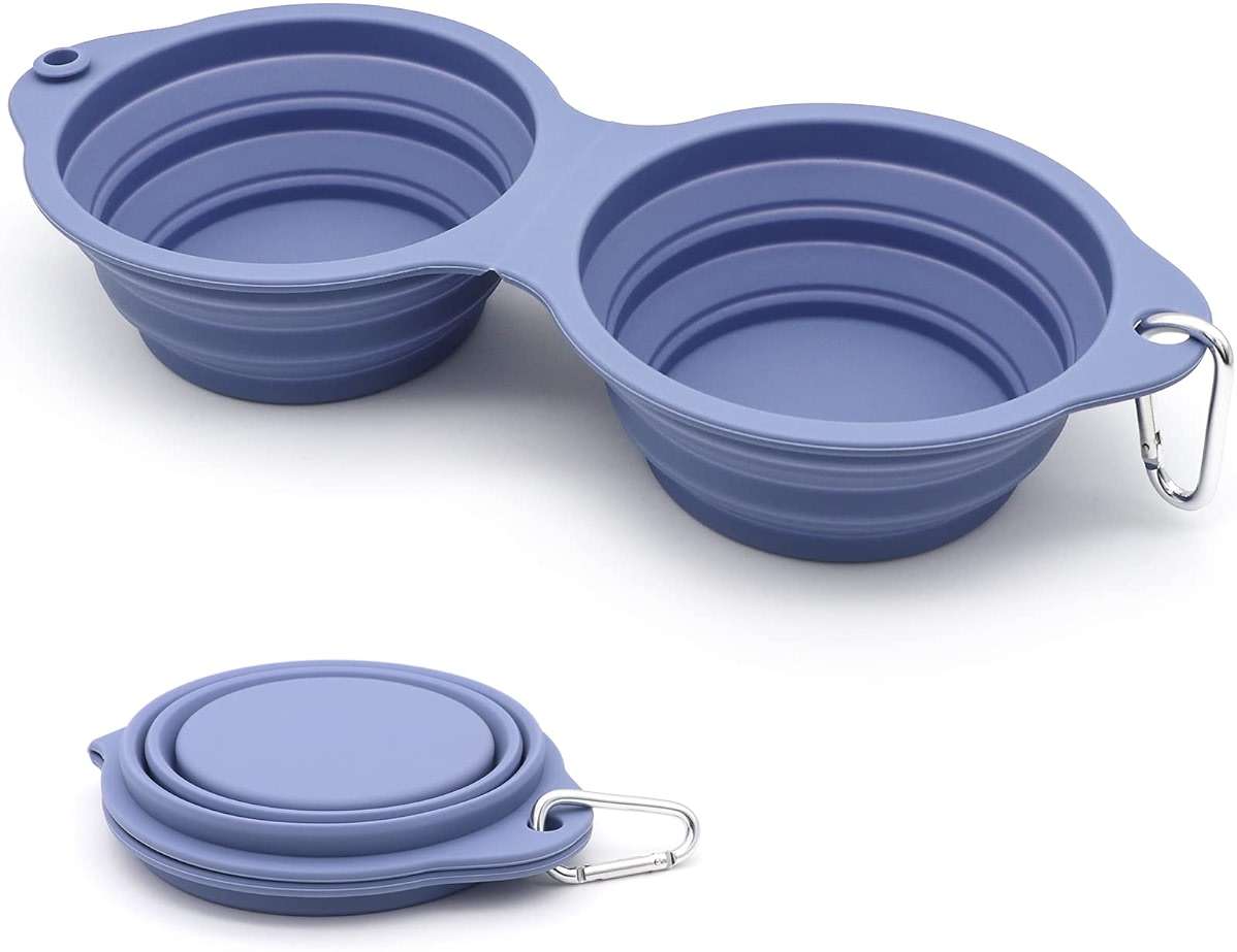 SLSON Collapsible Dog Bowls,Integrated Molding Dog Double Bowl No Plastic Rim 2 in 1 Foldable Pet Food & Water Bowl Cat Feeder Dish for Walking,Hiking,Camping (Taro Purple) - Image 1