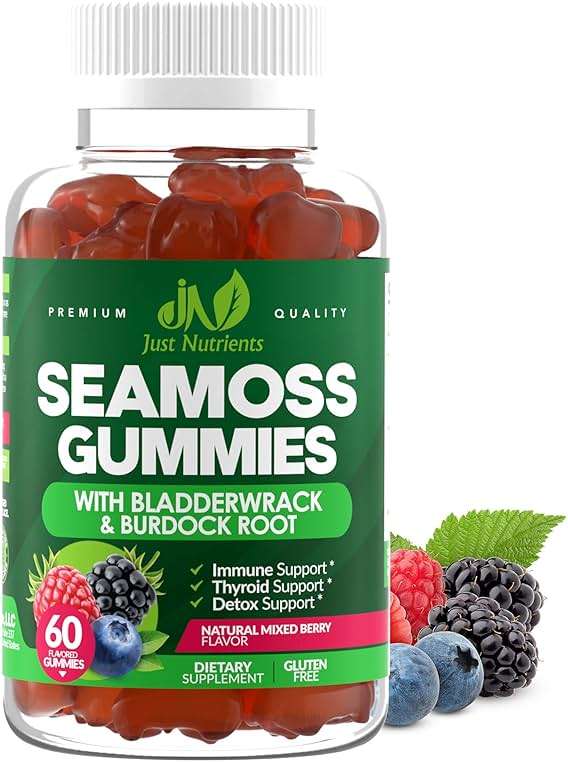 Sea Moss 3000mg Gummies with Bladderwrack and Burdock Root - Natural Irish Sea Moss Superfood for Immune, Thyroid and Detox Support - Extra Strength for Men & Women - Gluten-Free, Vegan - 60 Gummies - Image 1