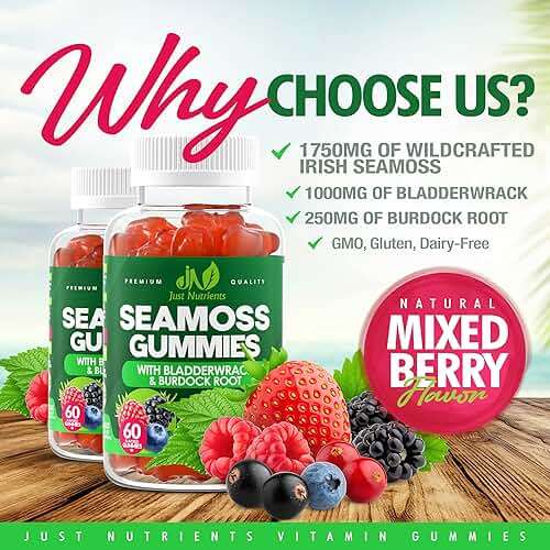 Sea Moss 3000mg Gummies with Bladderwrack and Burdock Root - Natural Irish Sea Moss Superfood for Immune, Thyroid and Detox Support - Extra Strength for Men & Women - Gluten-Free, Vegan - 60 Gummies - Image 2