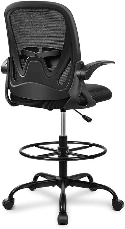 Primy Drafting Chair Tall Office Chair with Flip-up Armrests Executive Ergonomic Computer Standing Desk Chair with Lumbar Support and Adjustable Footrest Ring (Black) - Image 1