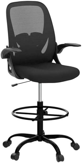 Primy Drafting Chair Tall Office Chair with Flip-up Armrests Executive Ergonomic Computer Standing Desk Chair with Lumbar Support and Adjustable Footrest Ring (Black) - Image 5