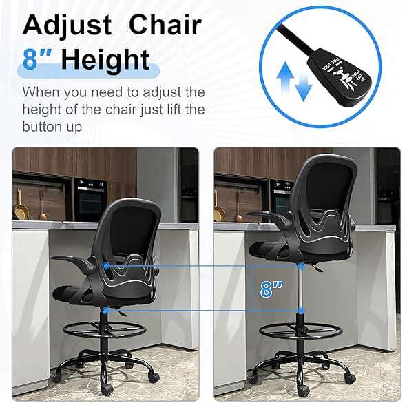 Primy Drafting Chair Tall Office Chair with Flip-up Armrests Executive Ergonomic Computer Standing Desk Chair with Lumbar Support and Adjustable Footrest Ring (Black) - Image 8