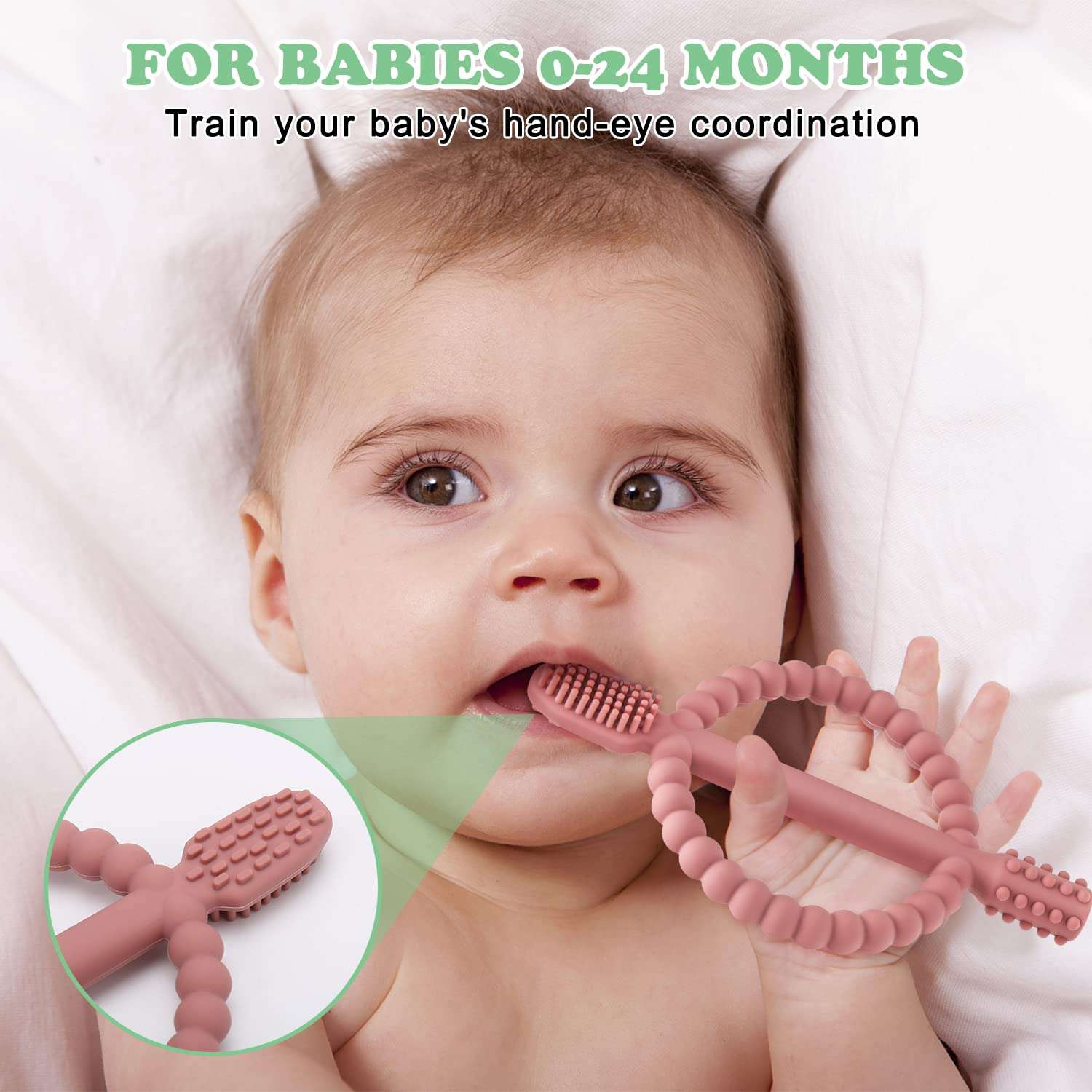 Baby Teething Toys with Easy-Hold Handle, Silicone Infant Toothbrush, Textured On Both Sides Helps Massage, Soothe Sore Gums, Teething Toys for Babies 0-6 Months, 6-12 Months Bright Green & Caramel - Image 4