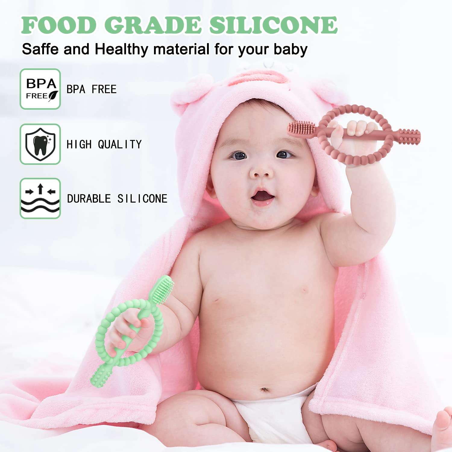 Baby Teething Toys with Easy-Hold Handle, Silicone Infant Toothbrush, Textured On Both Sides Helps Massage, Soothe Sore Gums, Teething Toys for Babies 0-6 Months, 6-12 Months Bright Green & Caramel - Image 5