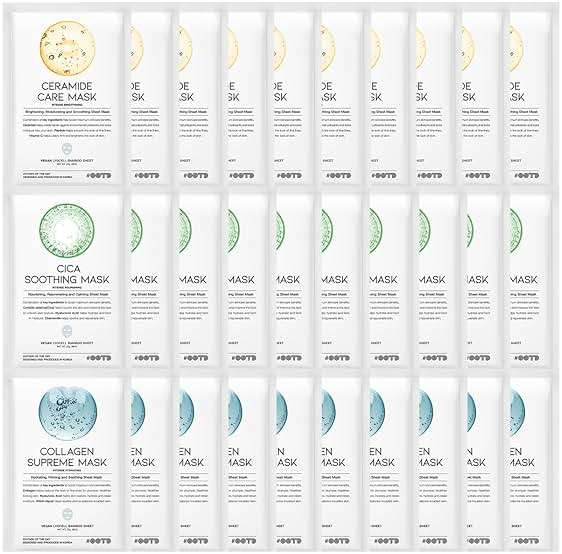 #OOTD Hydrating Soothing Sheet Masks Gift Set, Korean Vegan Facial Masks for Dry Sensitive Skin, Calming & Nourishing with Collagen, Ceramide, Cica (30-Count) - Image 1