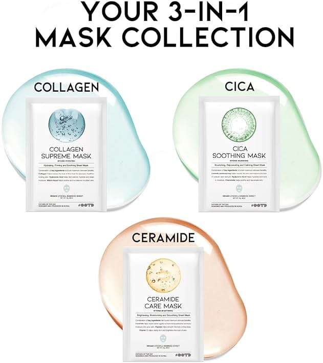 #OOTD Hydrating Soothing Sheet Masks Gift Set, Korean Vegan Facial Masks for Dry Sensitive Skin, Calming & Nourishing with Collagen, Ceramide, Cica (30-Count) - Image 3