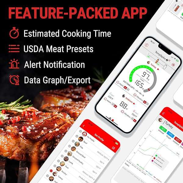 ThermoPro TempSpike 500 ft Wireless Meat Thermometer Digital, Bluetooth Meat Thermometer Wrieless for Beef Lamb Chicken Turkey, Smoker Acccessories for Rotisserie Sous Vide BBQ Oven Air Fryer - Image 5