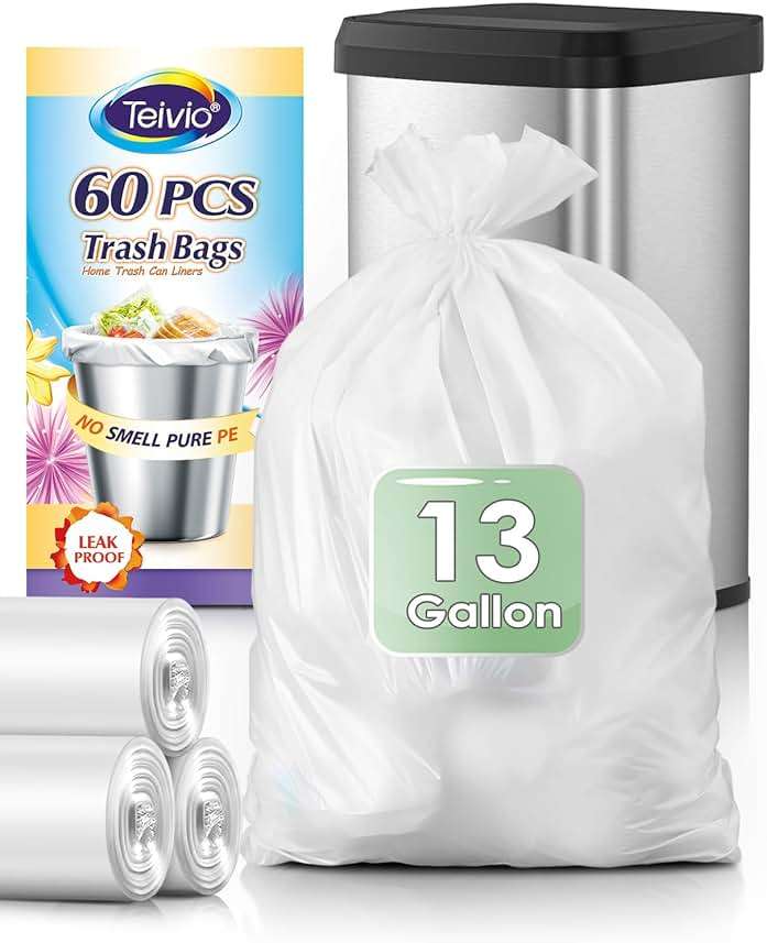 13 Gallon 60 Count Tall Kitchen Trash Bags 10 Gal 12 Gal 13 Gal fit 50 Liters Garbage Bags by Teivio, Waste Basket Bags,Bathroom Trash Can Bin Liners, Plastic Bags for home office kitchen, Clear - Image 1