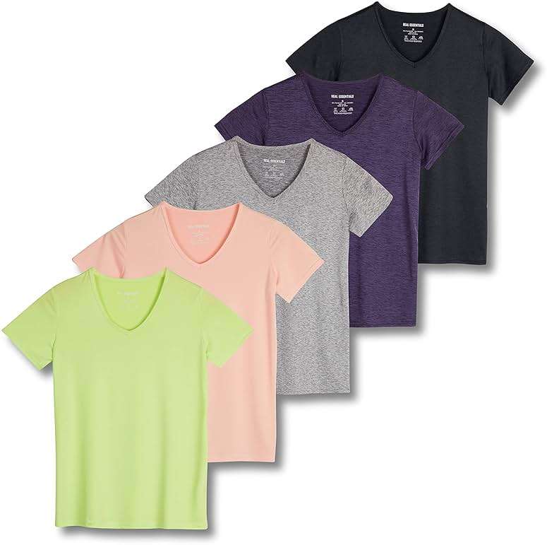 Real Essentials 5 Pack: Women's Dry-Fit Short Sleeve V Neck T Shirt Workout Fitness Yoga Top Tee (Available in Plus Size) - Image 1
