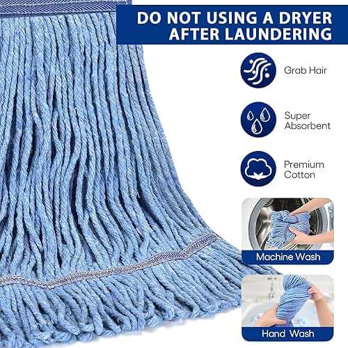 Matthew Cleaning Heavy Duty Mop Head Commercial Replacement for General and Floor Cleaning , Wet Industrial Blue Cotton Looped End String Head Refill (Pack of 3) Blue - Image 2